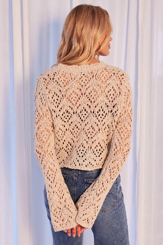 Beige Crochet Knit Top Long Sleeve Crew Neck