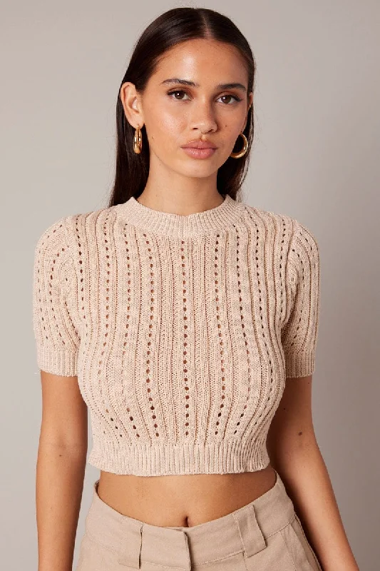 Beige Knit Top Crew Neck Short Sleeves Cropped