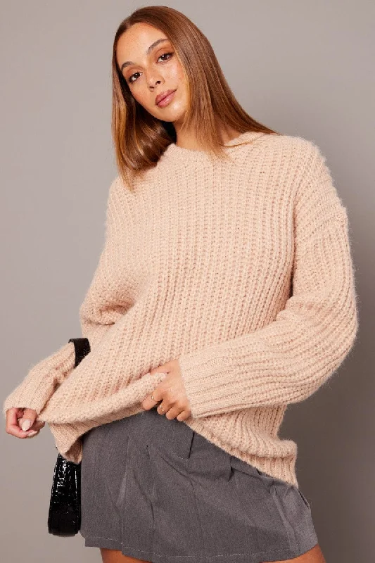 Beige Knit Top Long Sleeve Chunky