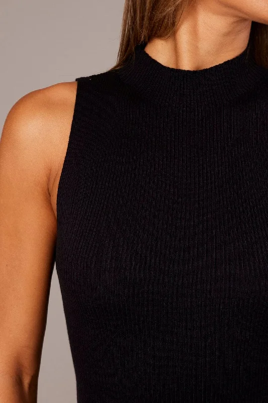 Black High Neck Knit Dress Midi