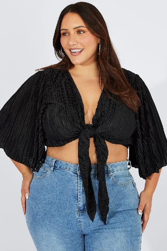 Black Plisse Satin Flare Sleeve Tie Bolero Top