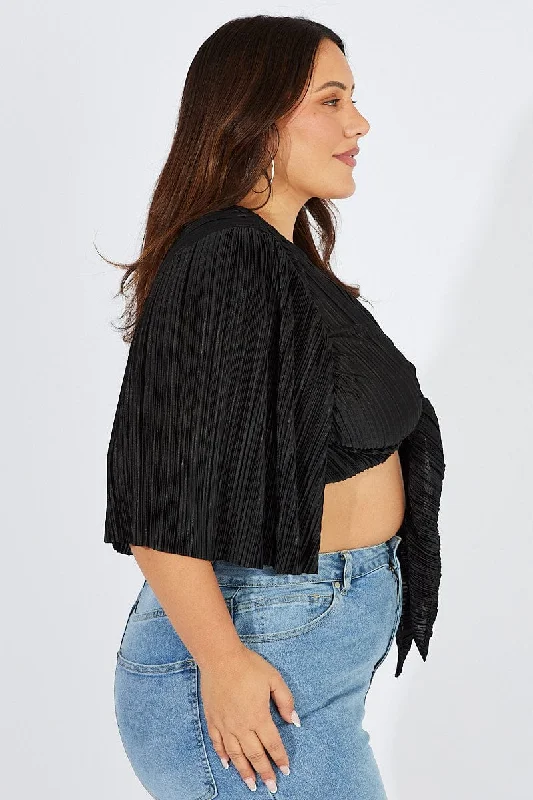 Black Plisse Satin Flare Sleeve Tie Bolero Top