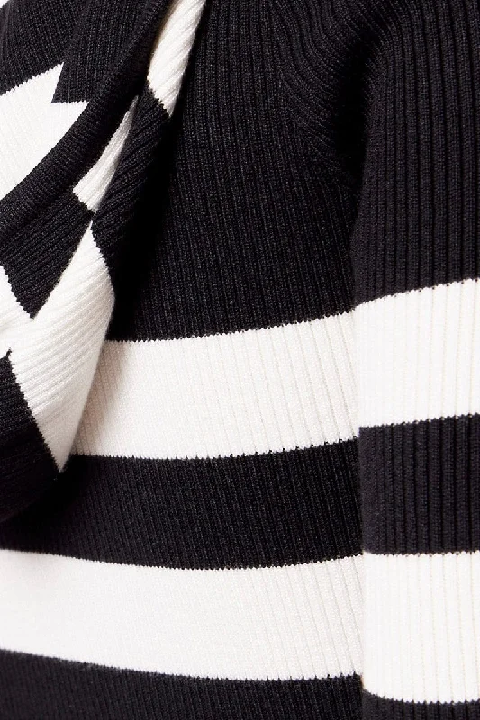 Black Stripe Hooded Knit Cardigan Long Sleeve