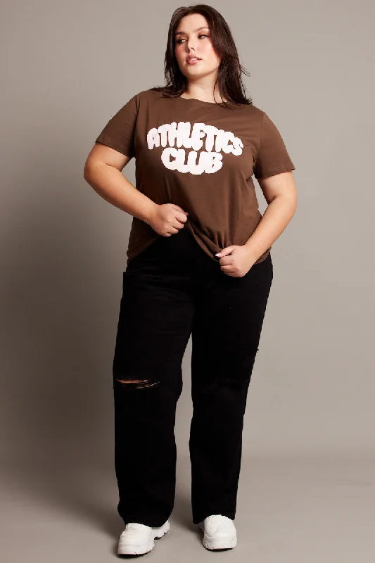 Brown Graphic T-shirt Short Sleeve Crew Neck