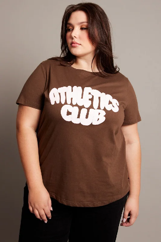 Brown Graphic T-shirt Short Sleeve Crew Neck