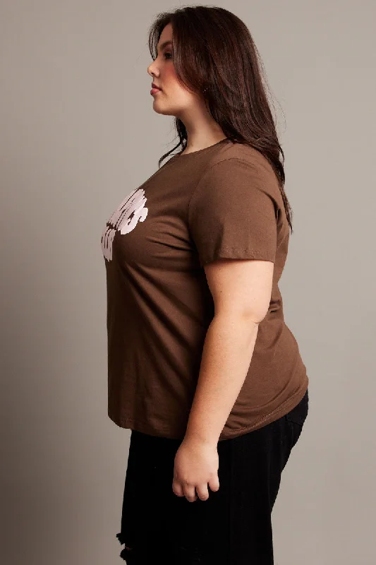 Brown Graphic T-shirt Short Sleeve Crew Neck