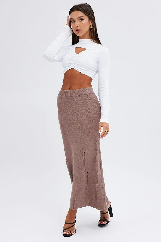 Brown Midi Skirt High Waisted A-line Ladder Knit