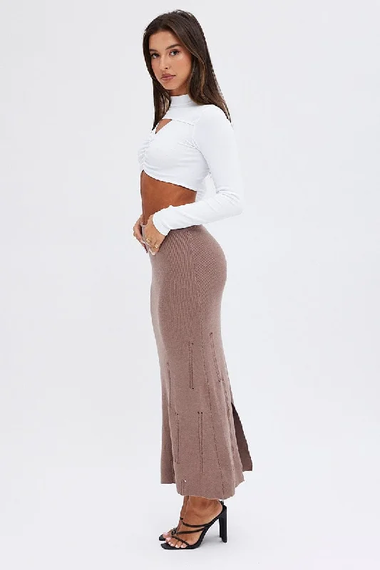 Brown Midi Skirt High Waisted A-line Ladder Knit