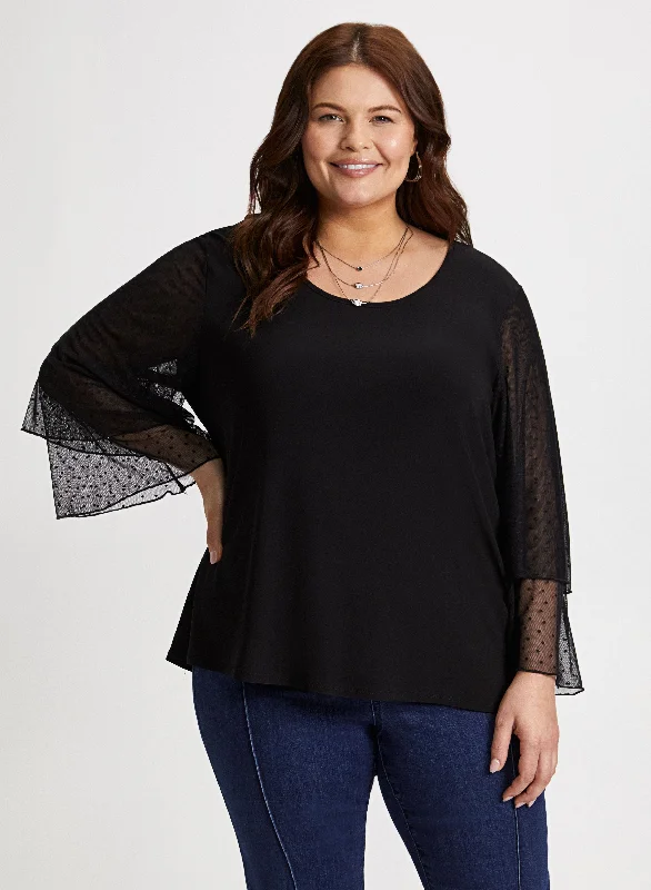 Chiffon-Sleeve Crew Neck Top