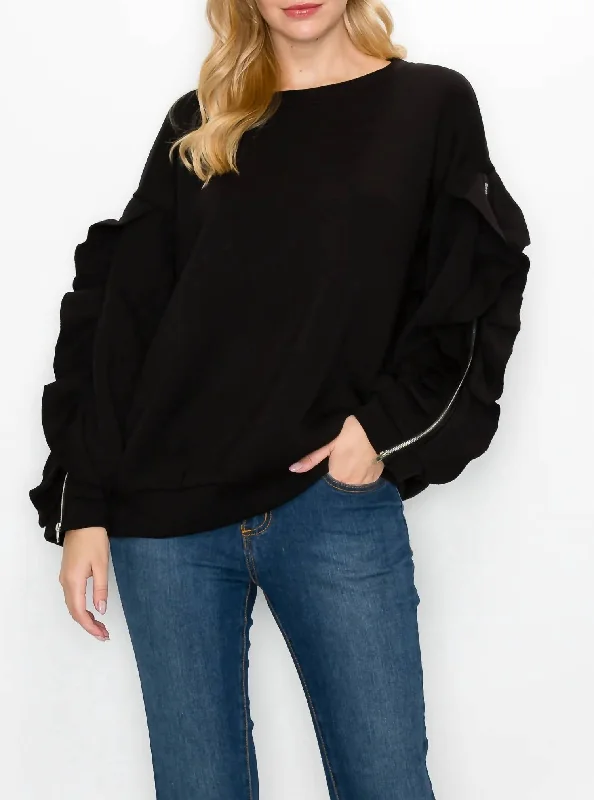 Ferra French Scuba Top With Ruffled Zipper Sleeves In Black