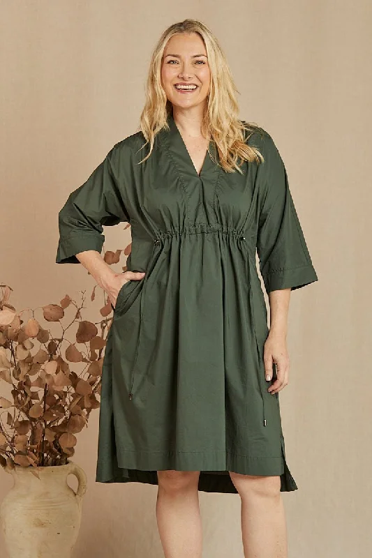 Finley Poplin Short Kaftan Dress in Bottle Green