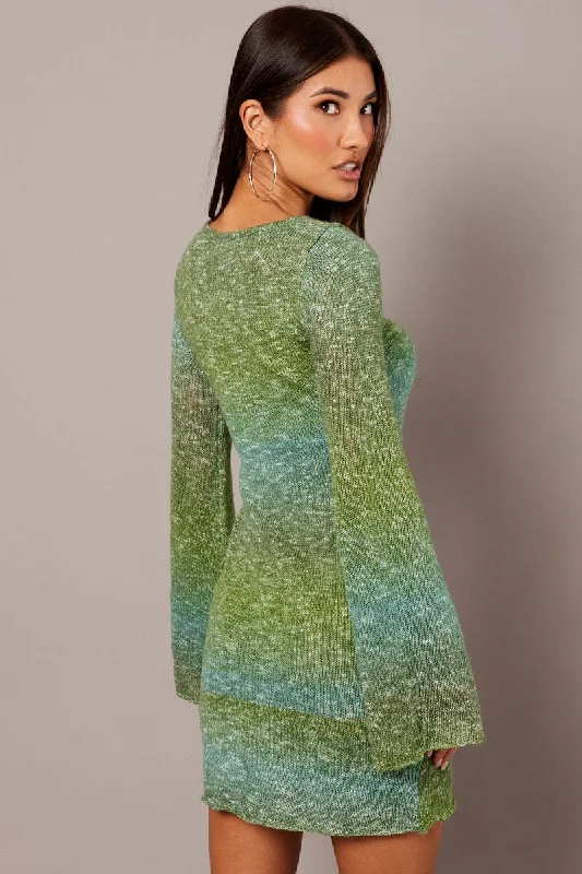 Green Knit Dress Long Sleeve Mini