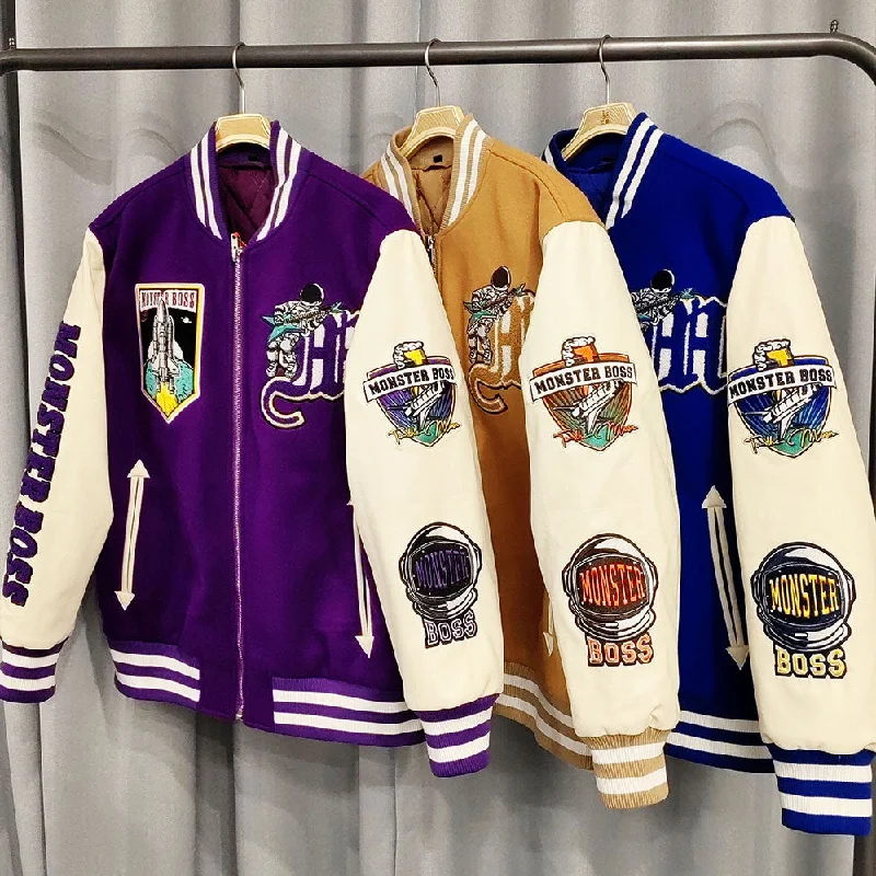 Huili factory wholesale custom logo chenille embroidery letterman varsity jacket with leather sleeves