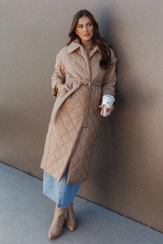 Kallie Quilted Tie Front Coat - Camel