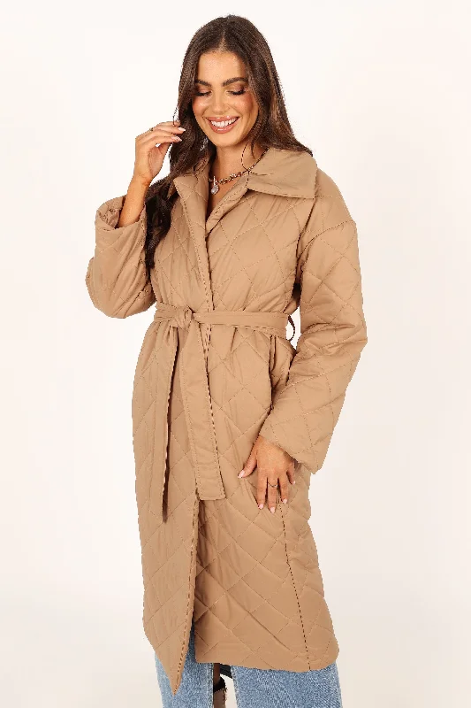 Kallie Quilted Tie Front Coat - Camel