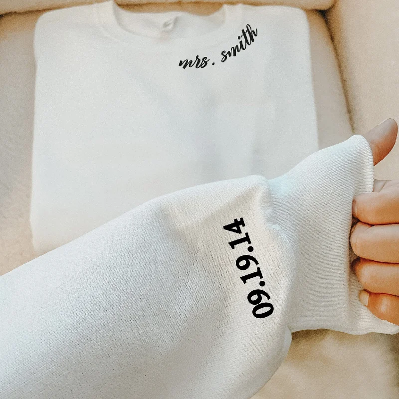 Custom Mrs. Embroidered Sweatshirt, Date On Sleeve, Name On Neckline - Ideal Gift for the Bridal Party, ES008