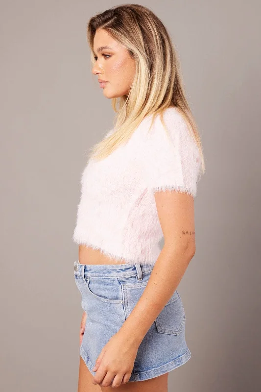 Pink Fluffy Knit Top Short Sleeve Crop