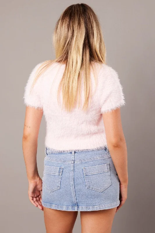 Pink Fluffy Knit Top Short Sleeve Crop