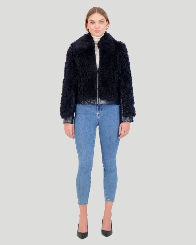 Shearling Lamb Bomber Jacket With Patent Leather Trim