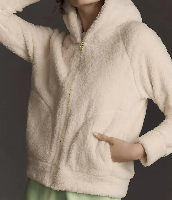 The Faux Fur Zip Hoodie In Cream/lime