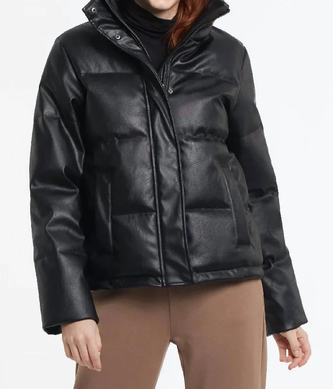 Vegan Leather Short Puffer Coat In Black