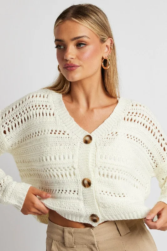 White Crochet Cardigan Long Sleeve V Neck