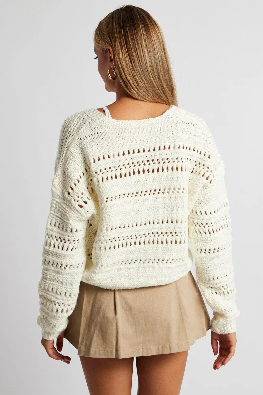 White Crochet Cardigan Long Sleeve V Neck