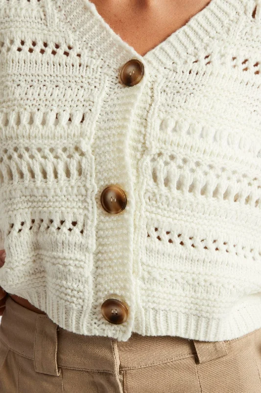 White Crochet Cardigan Long Sleeve V Neck