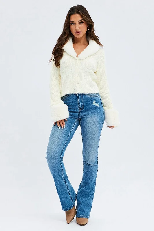 White Knit Cardigan Fur Trim