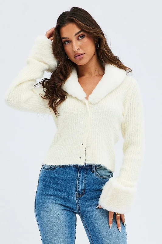 White Knit Cardigan Fur Trim