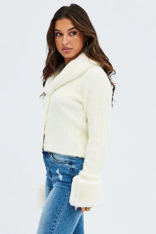 White Knit Cardigan Fur Trim