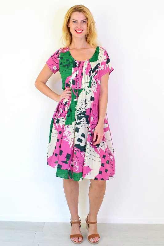 Abstract Pink Green Peasant Tunic Dress