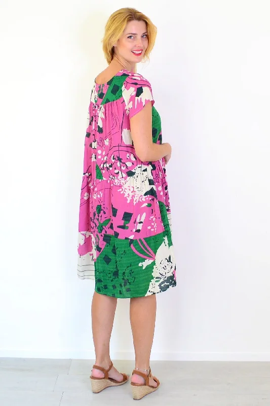 Abstract Pink Green Peasant Tunic Dress