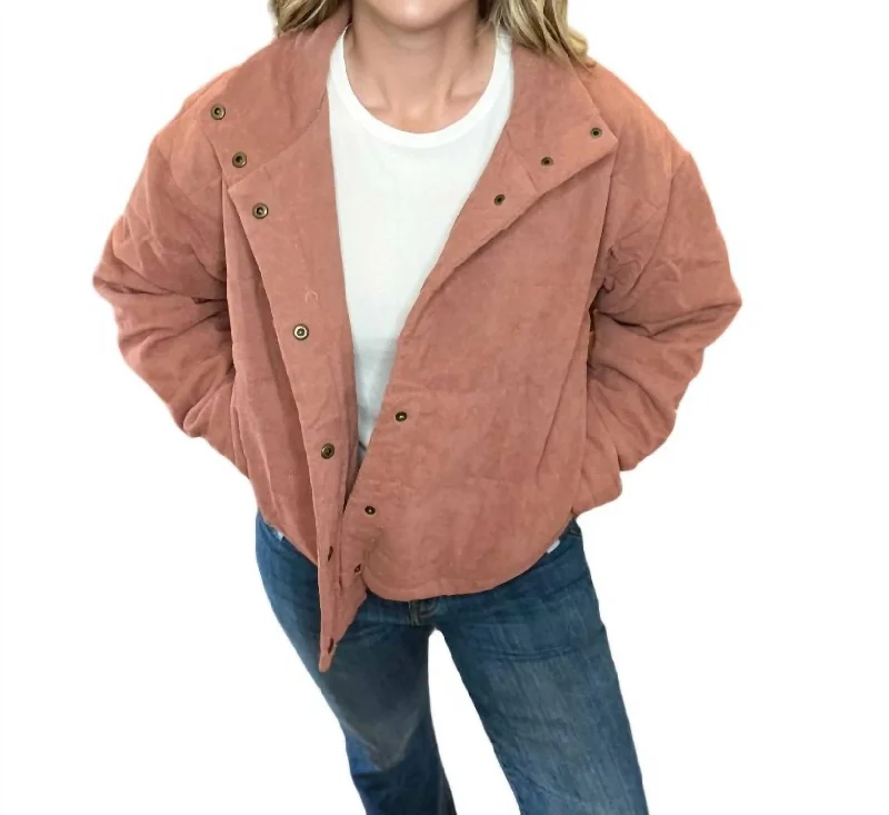 Alex Corduroy Puff Jacket With Check Print Lining In Rose