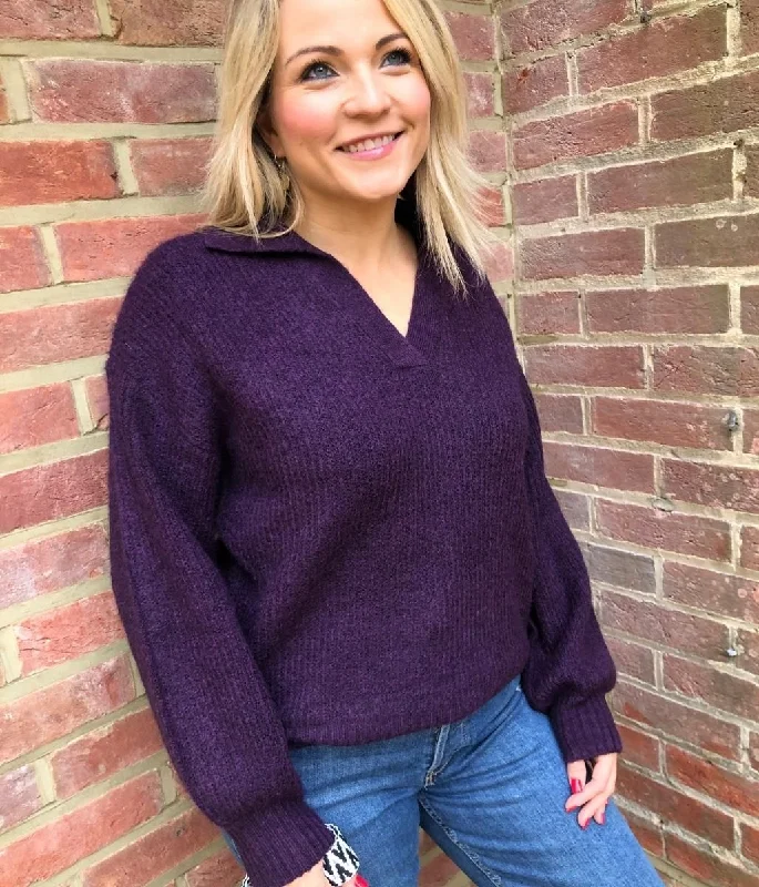 Aubergine Notch Neck Collared Jumper