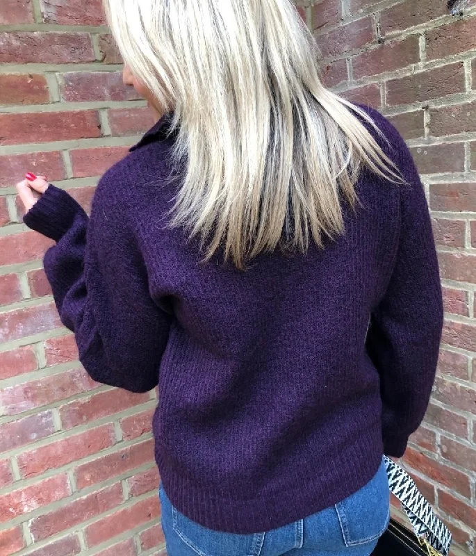 Aubergine Notch Neck Collared Jumper