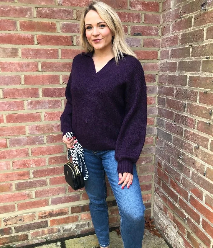 Aubergine Notch Neck Collared Jumper