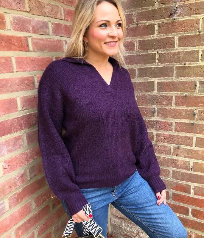 Aubergine Notch Neck Collared Jumper