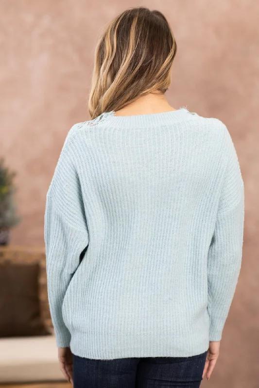 Baby Blue Lace Trim Rib Knit Sweater