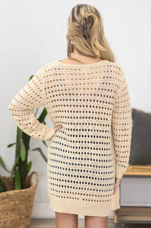 Beige Crochet Mid Length Cardigan