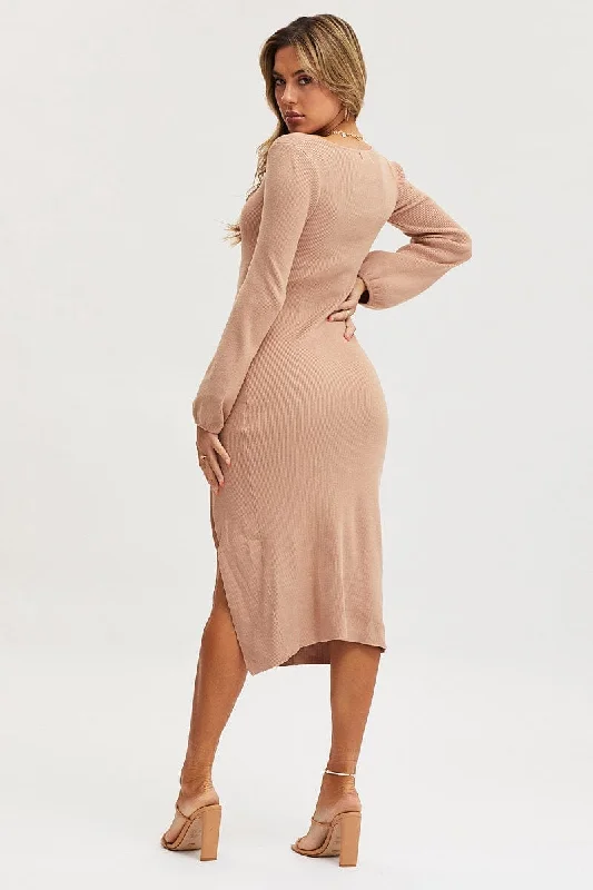 Beige Knit Dress Evening Midi