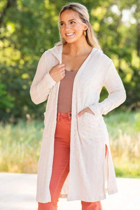 Beige Long Sleeve Solid Knit Cardigan