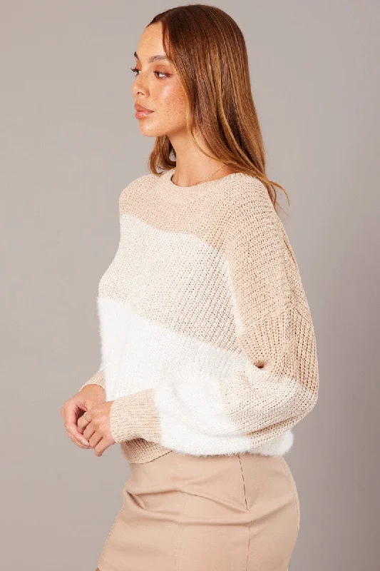 Beige Stripe Knit Top Long Sleeve Color Block