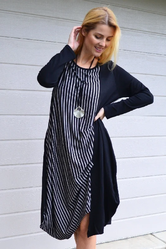 Black 3/4 Sleeve Stripe Jersey Tunic Dress