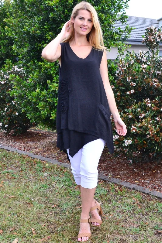 Black Applique Sleeveless Tunic Top