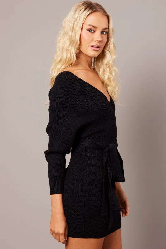 Black Knit Bodycon Dress Wrap Neck