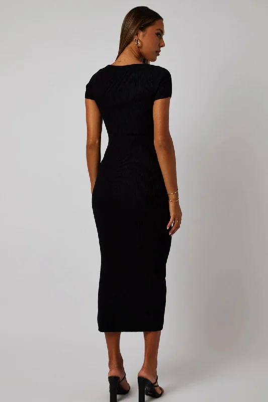 Black Knit Dress Short Sleeve Bodycon Midi