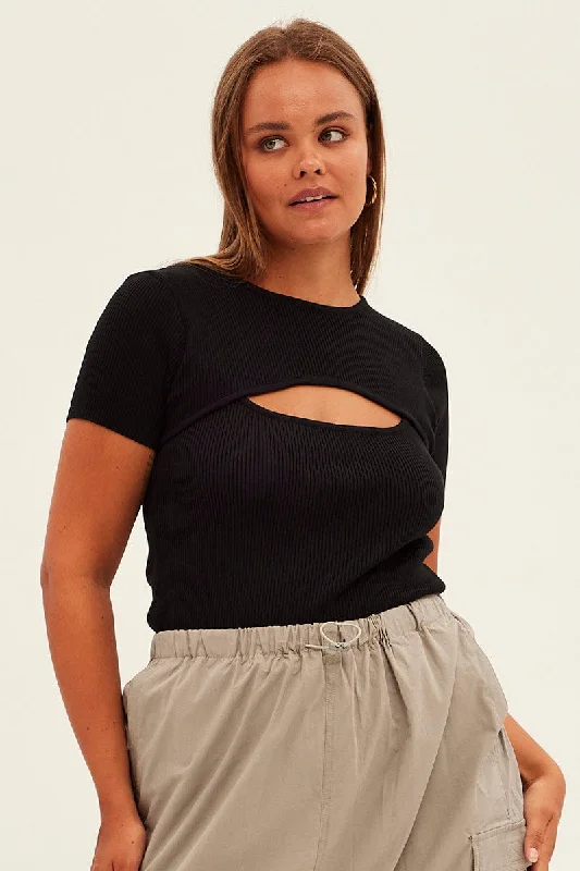 Black Knit Top Bust Cut Out Short Sleeve