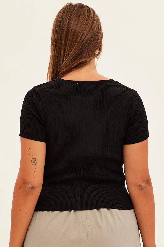 Black Knit Top Bust Cut Out Short Sleeve