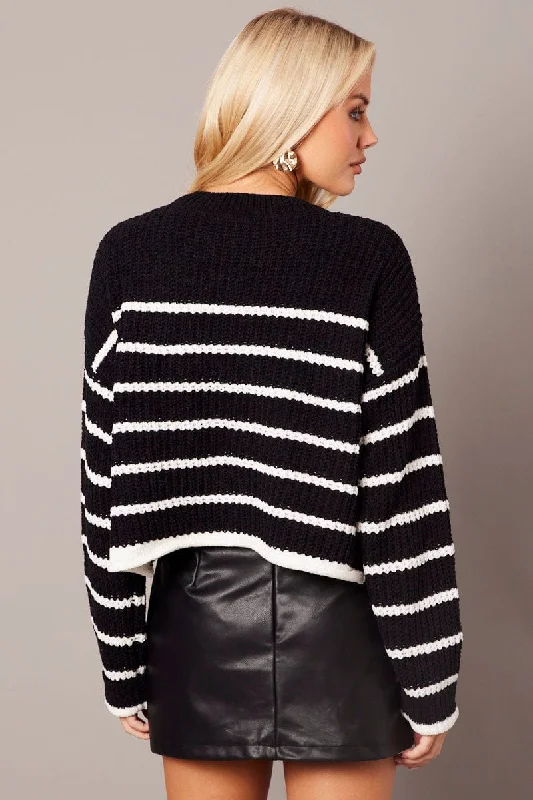 Black Stripe Knit Top Long Sleeve Chenille